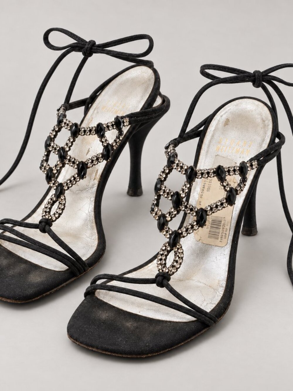 Stuart Weitzman Lightshow Black Jeweled Ankle Wrap Sandals 6.5M